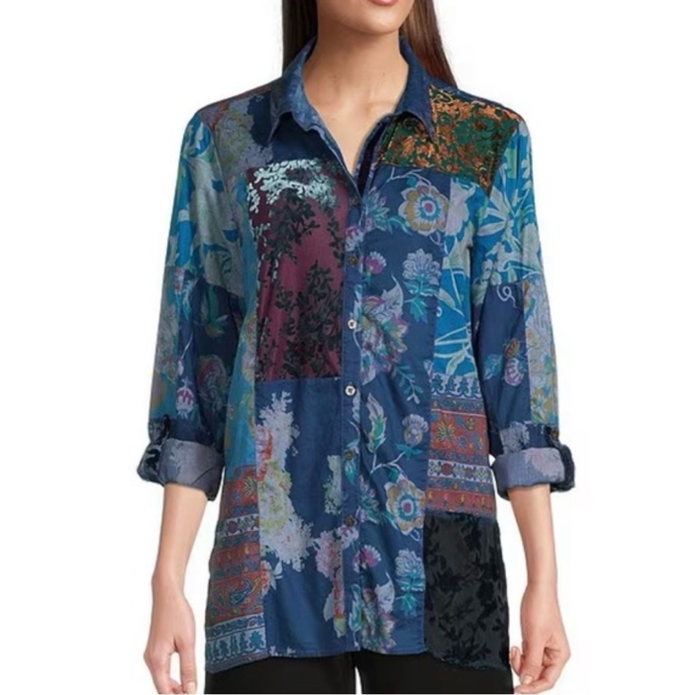 John Mark Button Down Patchwork Shirt Blue Art To Wear Mixed Media Velvet Sz L